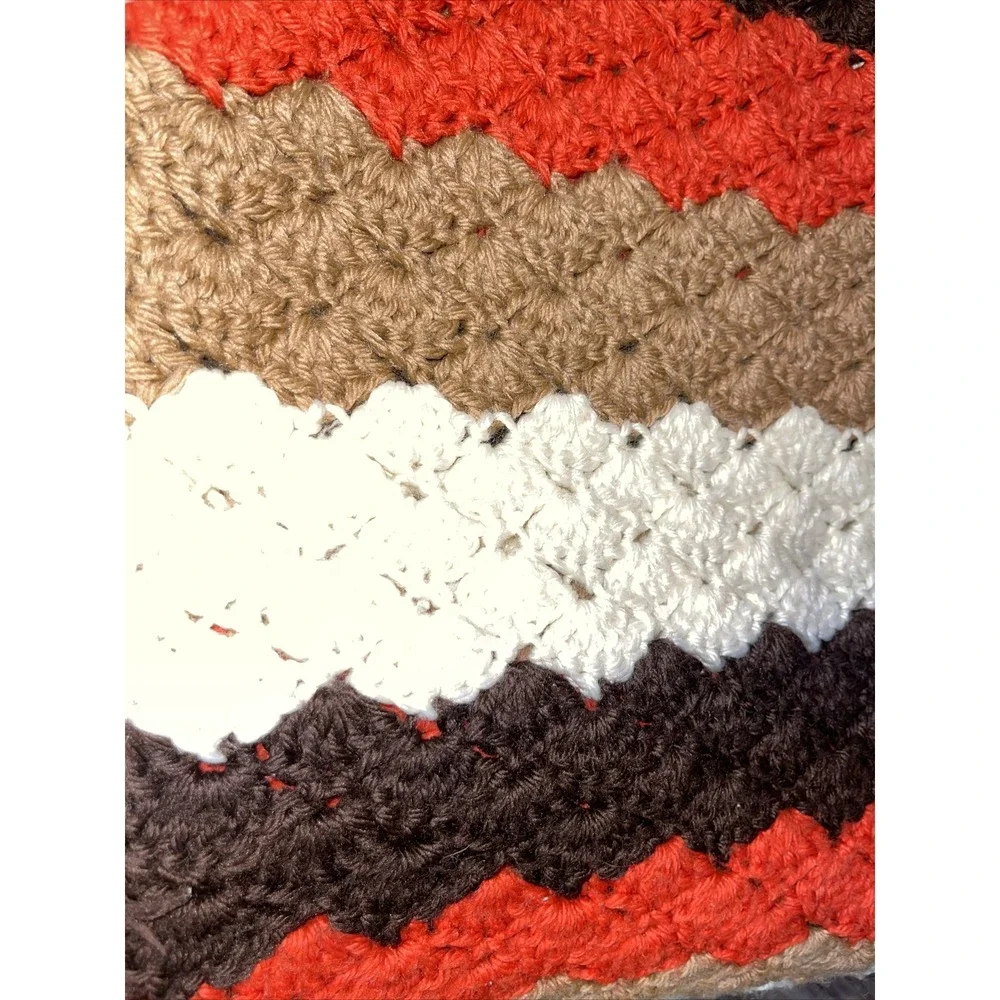 Vintage MCM Retro Fall Afghan Blanket Zig Zag Chevron Brown Orange White Throw